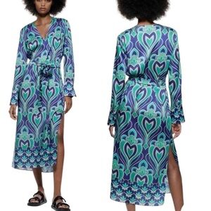 NWT Zara Green Blue Geometric Printed Satin Effect Tie Waist Midi  Dress - L